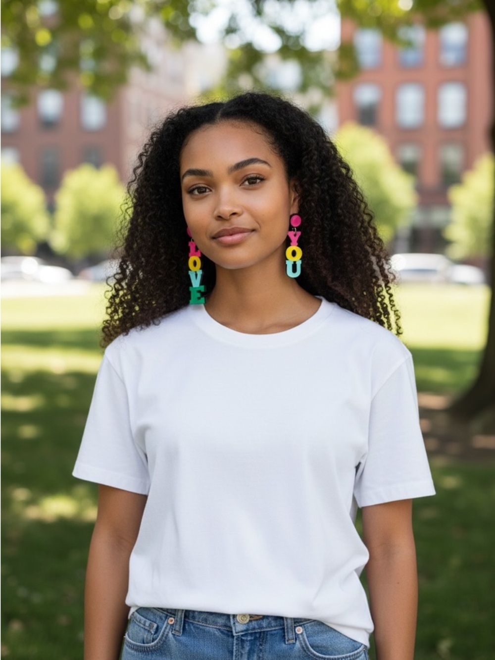 Chunky Acrylic Statement LOVE YOU Earrings – Colorful Pink Yellow Blue Dangle